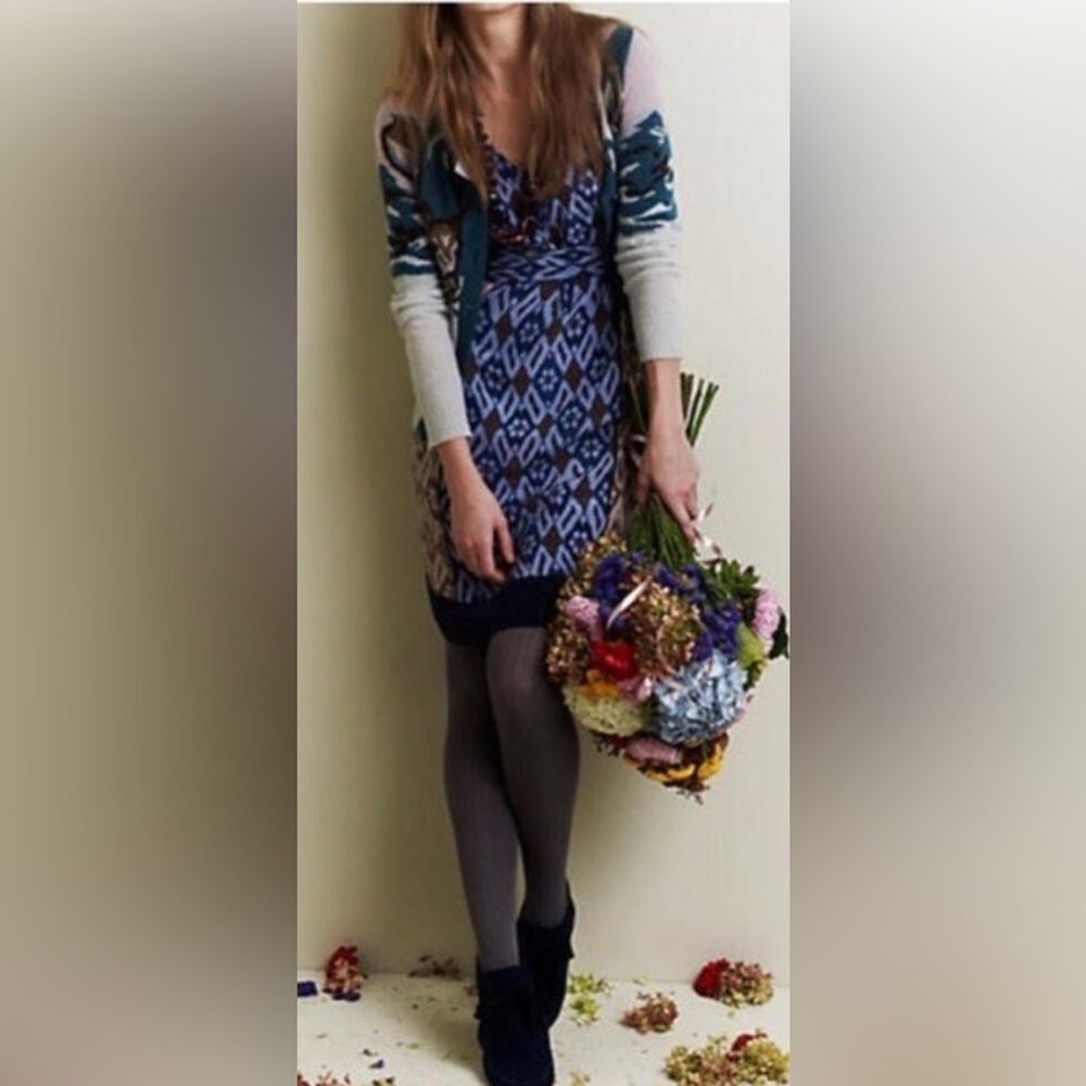 Anthropologie Coquille 100% Silk Spliced Ikat Shift Sleeveless Dres size 2